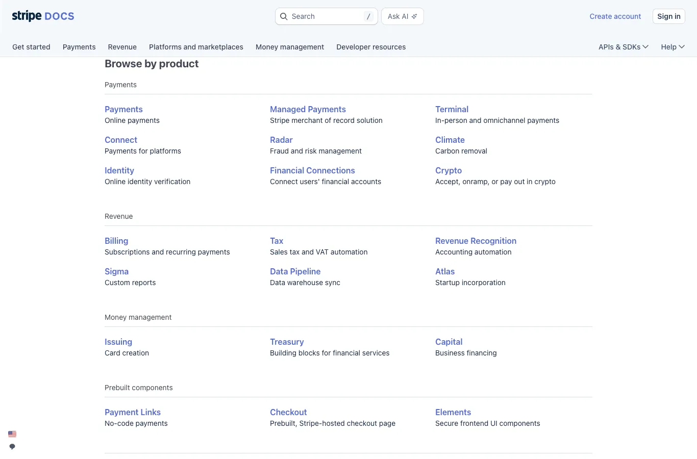 Stripe 문서 랜딩 페이지 캡처. 상단에는 Get started, Payments, Revenue, Platforms and marketplaces, Money management, Developer resources의 여섯 개 탭이 가로로 배치돼 있다. 그 아래로 'Browse by product' 섹션이 있고, Payments 그룹에는 Payments(Online payments), Managed Payments, Terminal, Connect, Radar, Climate, Identity, Financial Connections, Crypto가 카드 형태로 나열돼 있다. Revenue 그룹에는 Billing, Tax, Revenue Recognition, Sigma, Data Pipeline, Atlas가 묶여 있고, Money management 그룹에는 Issuing, Treasury, Capital이, Prebuilt components 그룹에는 Payment Links, Checkout, Elements가 묶여 있다.