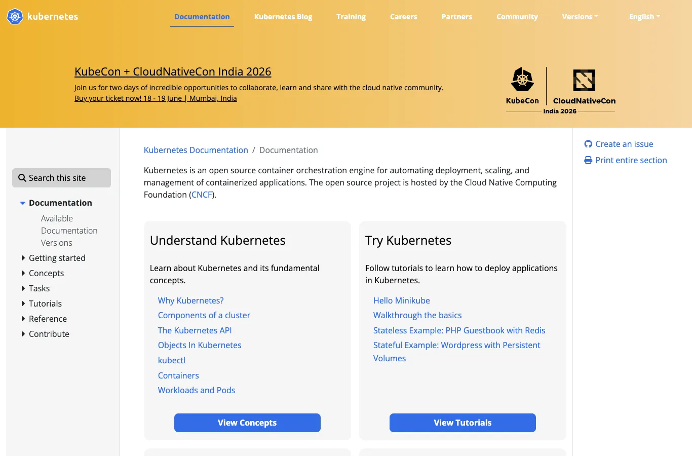 Kubernetes 문서 홈 화면 캡처. 좌측 사이드바에는 Documentation 아래로 Available Documentation Versions, Getting started, Concepts, Tasks, Tutorials, Reference, Contribute가 세로로 나열돼 있다. 본문에는 'Understand Kubernetes'와 'Try Kubernetes' 두 개의 카드가 나란히 보이며, 각각 Concepts와 Tutorials로 이어지는 링크들을 담고 있다. 카드 하단에는 'View Concepts', 'View Tutorials' 같은 버튼이 붙어 있다.